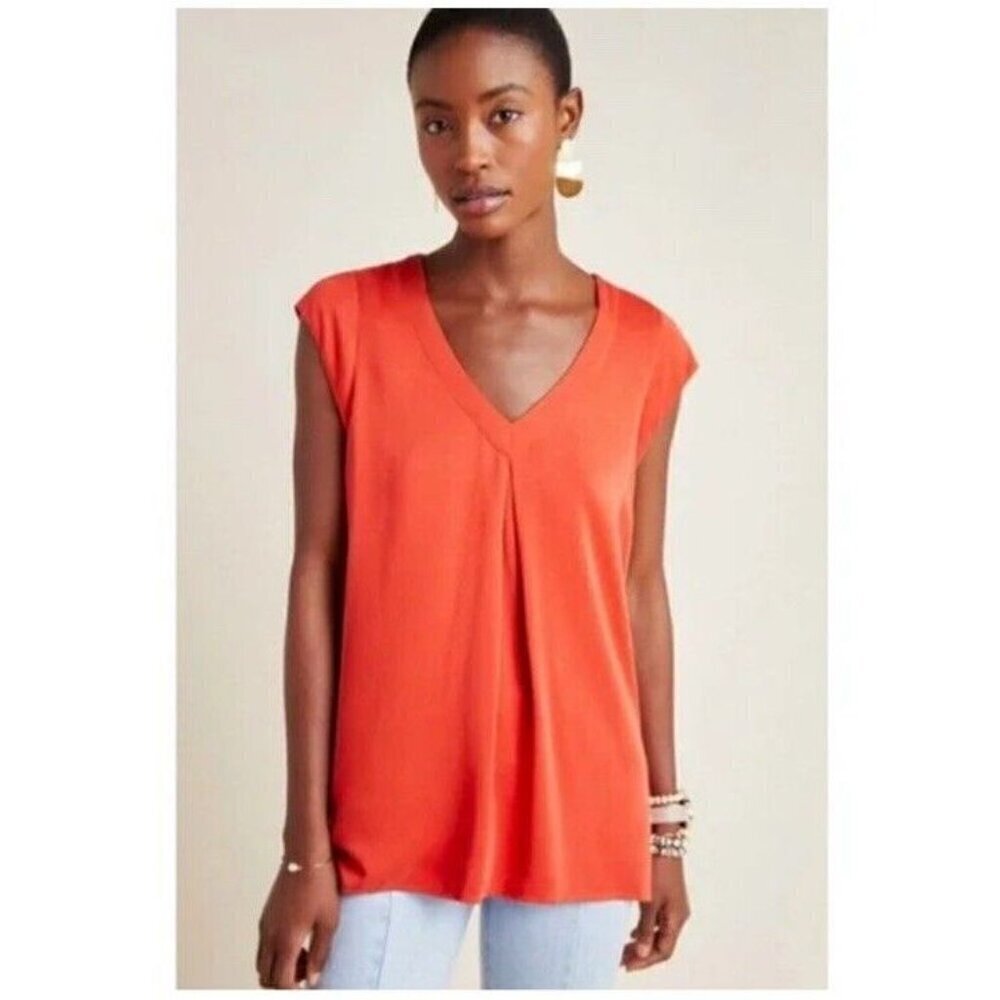 Anthropologie MAEVE Orange Ally Cupro Tunic Top V-Neck Cutout Back Womens XS